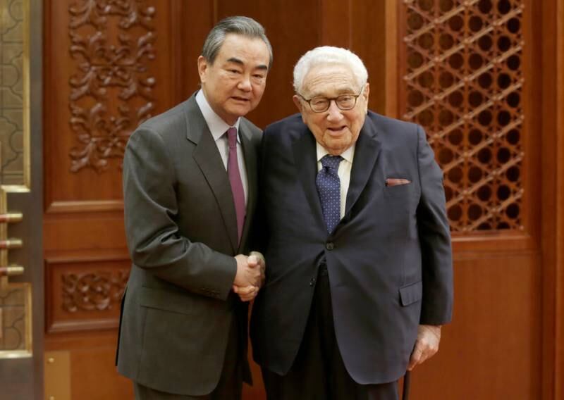 BEIJING, CHINA - NOVEMBER 22: Chinese Foreign Minister Wang Yi meets former U.S. Secretary of State Henry Kissinger at the Great Hall of the People in Beijing, China November 22, 2019.  (Photo by Jason Lee-Pool/Getty Images)