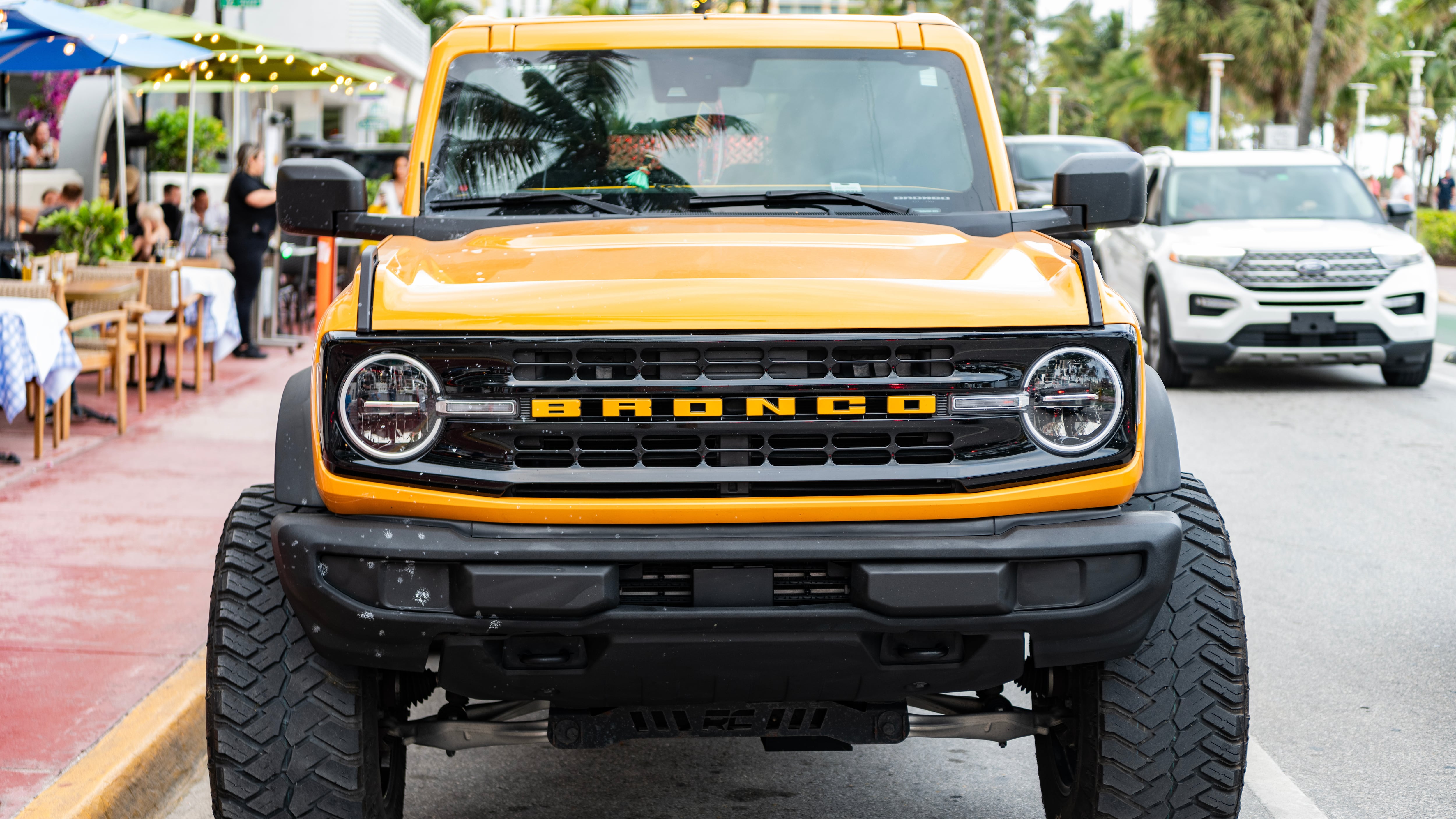 2022 Ford Bronco SUV car. Luxury crossover car of Ford Bronco SUV type. Car of Ford Bronco parked outdoor. Ford Bronco, front corner view.