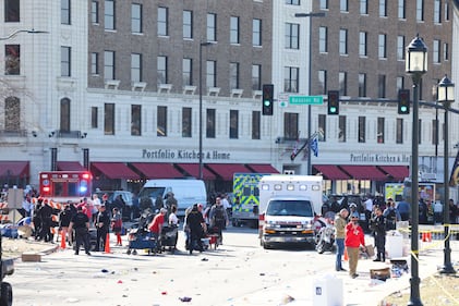 KANSAS CITY, MISSOURI - FEBRUARY 14: Law enforcement and medical personnel respond to a shooting at Union Station during the Kansas City Chiefs Super Bowl LVIII victory parade on February 14, 2024 in Kansas City, Missouri. Several people were shot and two people were detained after a rally celebrating the Chiefs Super Bowl victory. (Photo by Jamie Squire/Getty Images)