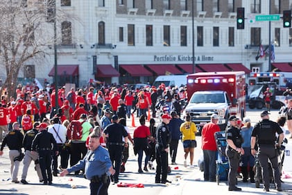 KANSAS CITY, MISSOURI - FEBRUARY 14: Law enforcement and medical personnel respond to a shooting at Union Station during the Kansas City Chiefs Super Bowl LVIII victory parade on February 14, 2024 in Kansas City, Missouri. Several people were shot and two people were detained after a rally celebrating the Chiefs Super Bowl victory. (Photo by Jamie Squire/Getty Images)