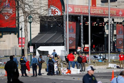 KANSAS CITY, MISSOURI - FEBRUARY 14: Law enforcement respond to a shooting at Union Station during the Kansas City Chiefs Super Bowl LVIII victory parade on February 14, 2024 in Kansas City, Missouri. Several people were shot and two people were detained after a rally celebrating the Chiefs Super Bowl victory. (Photo by David Eulitt/Getty Images)